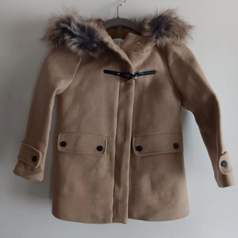 Zara‎ beige wool blend hooded coat outwear pockets zip up fur size 7 cozy
